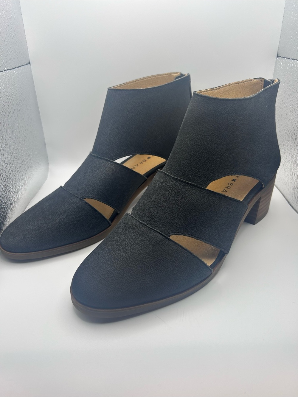 🖤 Lucky Brand Black Leather Cutout Bootie Sandals | Stacked Heel